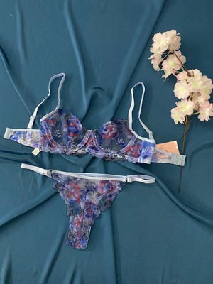 Blue Moonlight Lingerie Mavi Dantel Brode Işlemeli Tül Sütyen Külot Takım