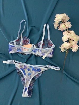 Blue Moonlight Lingerie Mavi Dantel Brode Işlemeli Tül Sütyen Külot Takım