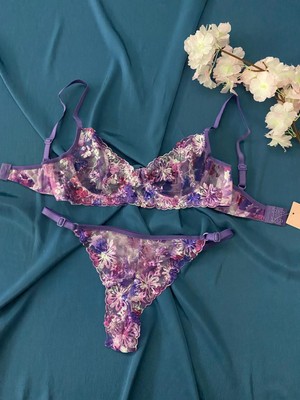 Blue Moonlight Lingerie Mor Dantel Tül Brode Işlemeli Çiçekli Sütyen Külot Takım