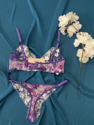 Blue Moonlight Lingerie Mor Dantel Tül Brode Işlemeli Çiçekli Sütyen Külot Takım