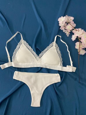 Blue Moonlight Lingerie Ekru Kaşkorse Sütyen Külot Takım