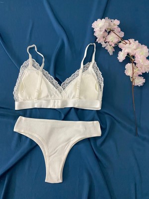 Blue Moonlight Lingerie Ekru Kaşkorse Sütyen Külot Takım