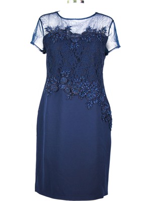 Drop Çakmalı Dantelli Güpür İşlemeli Krep Kumaş Midi Kadın Abiye