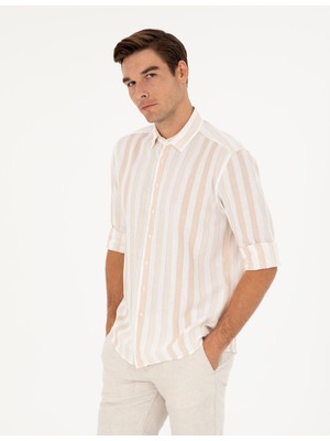 Pierre Cardin Erkek Bej Keten Karışımlı Regular Fit Uzun Kollu Gömlek 50289349-VR011