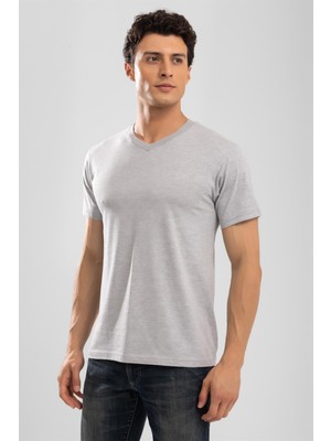 Erkek V Yaka Pamuklu Fanila Tişört Gri Melanj