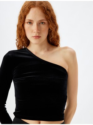 Koton Tek Omuz Crop Kadife Tişört Uzun Kollu Slim Fit