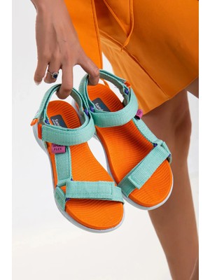Zerenyus Sandals Rahat Taban Cırtlı Günlük Kadın Spor Yeşil Oranj Sandalet