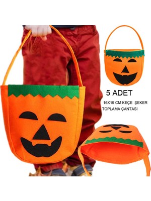 Pandoli Halloween Balkabağıtemalı Keçe Hediye Şeker Koyma Çantası 16X19 cm 5 Adet