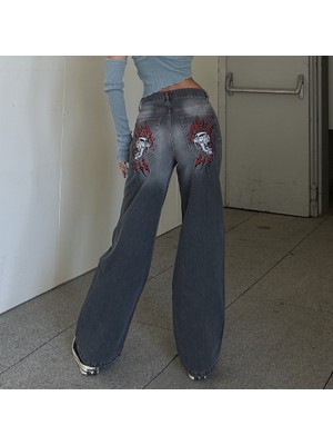 Yeni Gri Double Fire Skull Streetwear Yıkamalı Jean Pantolon