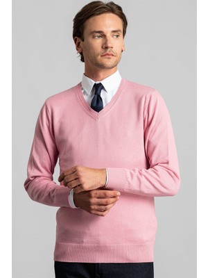 Tudors Erkek Slim Fit V Yaka Pamuklu Pembe Triko Kazak