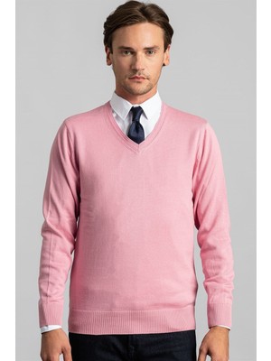 Tudors Erkek Slim Fit V Yaka Pamuklu Pembe Triko Kazak