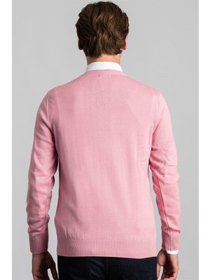 Tudors Erkek Slim Fit V Yaka Pamuklu Pembe Triko Kazak