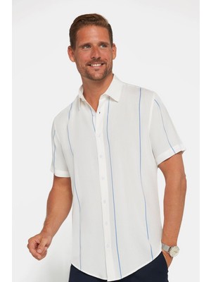 Tudors Erkek Slim Fit Dar Kesim Kısa Kollu Çizgili Beyaz Spor Yaka Gömlek