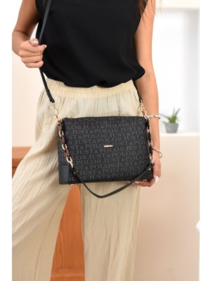 Just Polo Kolon Askılı Zincir Detaylı 4 Bölmeli Vegan Deri Kadın El ve Çapraz Omuz Çantası Siyah NL2802