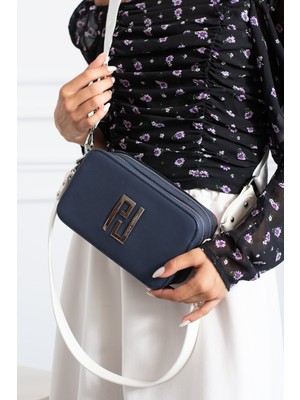 Just Polo Kadın Lacivert Beyaz Çapraz Askılı 2 Bölmeli Kutu Mini Omuz ve El Çantası PBU5024