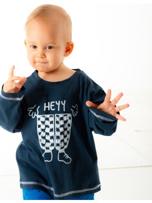 Plant Mini Kids – 'heyy' Baskılı Karyoka Dikiş Lacivert,  Pamuklu Süprem Kumaş Bisiklet Yaka Çocuk T-Shirt