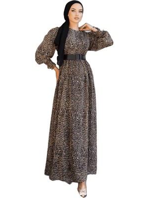 Nissra  Balon Kol Simli Şifon Elbise NSR167901