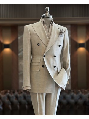 İtalyan Stil Slim Fit Erkek Kruvaze Ceket Pantolon Takım Elbise Bej T12981