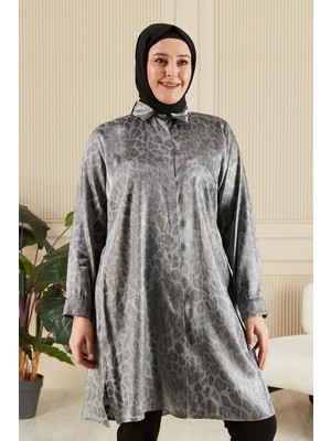 FERACE Kadın Büyük Beden Leopar Desenli Viskon Uzun Gömlek Tunik Rahat Kullanım 100 cm