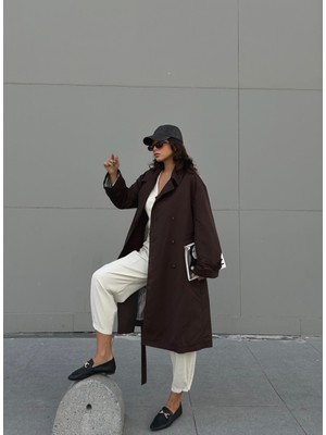 Minaaise Kadın Kahve Oversize Trençkot Çizgi Desenli Ceket Yaka Rahat Kalıp