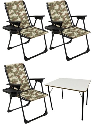 Moniev Natura 3 Adet Kamp Sandalyesi Katlanır Piknik Sandalye Dikdörtgen Bardaklıklı Kamuflaj + MDF Masa