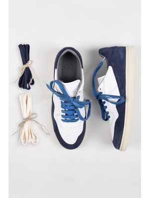 Krähe Artemis Erkek Hakiki Deri Eskitme El Boyamalı Bağcık Ve Iki Yedek Bağcıklı Beyaz-Mavi Sneakers