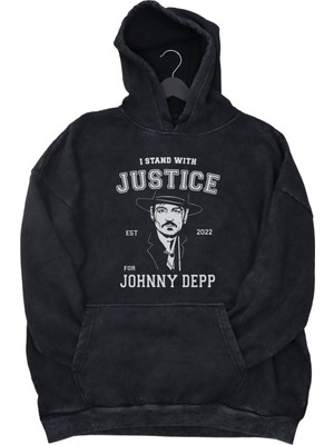 Fuddy Moda Unisex Johnny Depp Baskılı Kapüşonlu Yıkamalı Sweatshirt, Oversize Justice Baskılı Vintage Hoodie