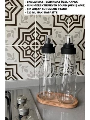 Bayev Büyük Boy Damlatmaz Akıllı Ahşap Standlı 3 Parça Cam Yağlık Seti - 720 ml