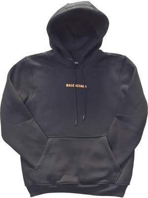 Erkek Kapüşonlu Bağcıklı Kanguru Cepli Fosforlu Yazı Baskılı Siyah Sweatshirt Esk-Plz