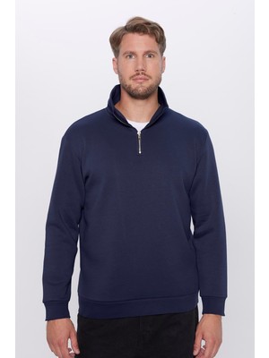 Tudors  Relax Fit Rahat Kesim Pamuklu İçi Polarlı Yarım Fermuarlı Lacivert Dik Yaka Sweatshirt