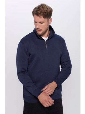 Tudors  Relax Fit Rahat Kesim Pamuklu İçi Polarlı Yarım Fermuarlı Lacivert Dik Yaka Sweatshirt