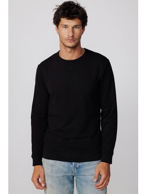 Unisex Relax Fit Rahat Kesim Pamuklu Basic Siyah Bisiklet Yaka Sweatshirt