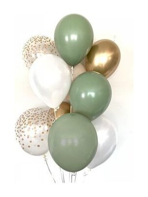 Hknys 10 Adet Küf Yeşilli Balon Demeti Krom Altın 3 Küf Yeşili + 3 Beyaz + 2 Krom Altın + 2 Şeffaf Balon