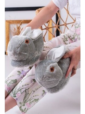 Slipcat Tavşan Figürlü Gri Peluş Panduf Ev Pandufu Unisex
