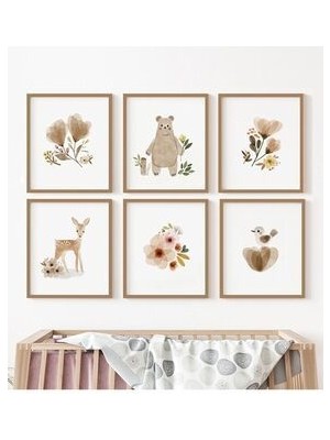 Farklı Hediyelik Bohem Tarz Bebek Hayvanlar Temalı 6'lı Tablo Set 20 x 30 cm Pudra Rengi Lazer Kesim MDF