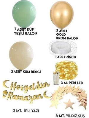 Evdeucuz Hoşgeldin Ramazan Gold Yazı Ledli Zincir Balon Seti 11 Ayın Sultanı Ramazan Bayramı Oda Süsleme Seti