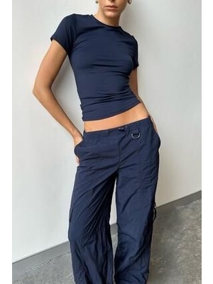 Madmext Kadın Basic Tişört  Polyester Bebe Yaka Kısa Kol Lacivert Model MG1725
