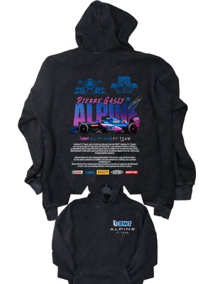 Fuddy Moda Unisex Bwt Alpine F1 Team Sırt Baskılı Kapüşonlu Yıkamalı Sweatshirt, Oversize F1 Eskitme Hoodie