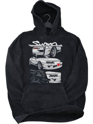 Fuddy Moda Unisex Toyota Supra Baskılı Kapüşonlu Yıkamalı Sweatshirt, Oversize Araba Temalı Eskitme Hoodie