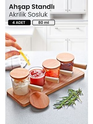 Kitchen Life 4 Adet Ahşap Kapaklı Standlı Reçellik Sosluk Sofra Sunum Kahvaltı Seti 80 ml