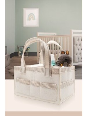 Jasper Kare Şeritli Bej Keçe Anne Bebek Bakım Çantası Organizer