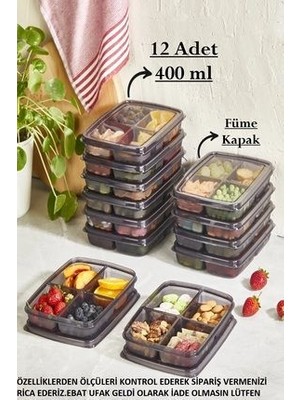 Bayev Füme 12 Adet 400 ml Saklama Kabı - 4 Bölmeli Çerezlik Dondurulmuş Et Sebze Buzluk Organizeri