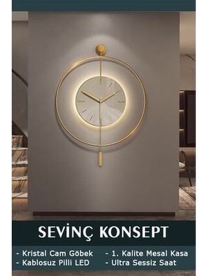 Sevinç Konsept Led'li Kristal Cam Tiktok Gold Orta Boy, Modern Dekoratif Sarkaçlı Metal Duvar Saati