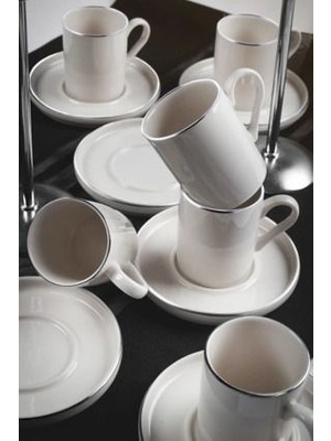 Kitchen Life 12 Parça Platin Gümüş Yaldızlı Kahve Fincan Takımı Porselen Kulplu Desensiz Set