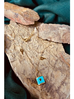 Kilit Anahtar Tasarım Mineli Turkuaz Renk Işlemeli Şık Kadın Paslanmaz Çelik Gold Altın