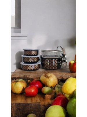 Emaye Market Emaye Kızartma Tenceresi 22 cm ve 3'lü Saklama Takımı 14 cm - 16 cm - 18 cm Emaye Kase Tabak