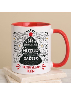 Ejoya Kişiye Özel Yeni Yıl Dilekleri Yılbaşı Ağacı Kırmızı Kulplu Kupa Bardak 80230