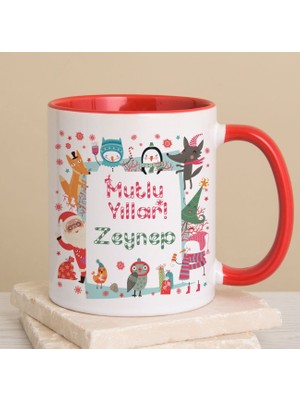 Ejoya Kişiye Özel Yeni Yıl Temalı Mutlu Yıllar Kaka Ikonlu Kırmızı Kulplu Kupa Bardak 80241