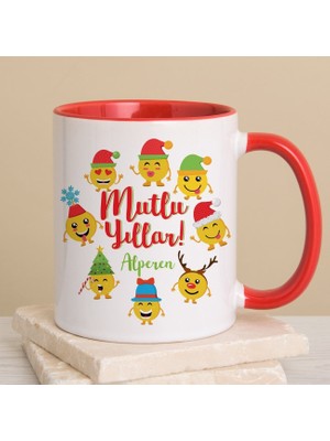 Ejoya Kişiye Özel Yeni Yıl Temalı Kardan Adam Kırmızı Kulplu Kupa Bardak 80246