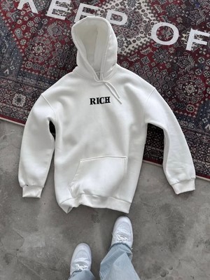 Uzun Kol Kapşonlu Göğüs Baskılı Sweatshirt - Beyaz